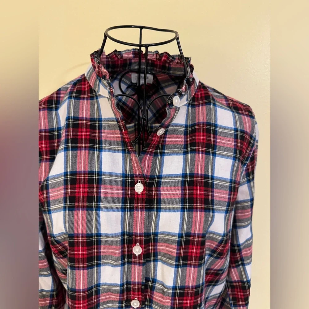 J. Crew Long Sleeve Button Down Ruffled Collar Plaid Shirt Size Small